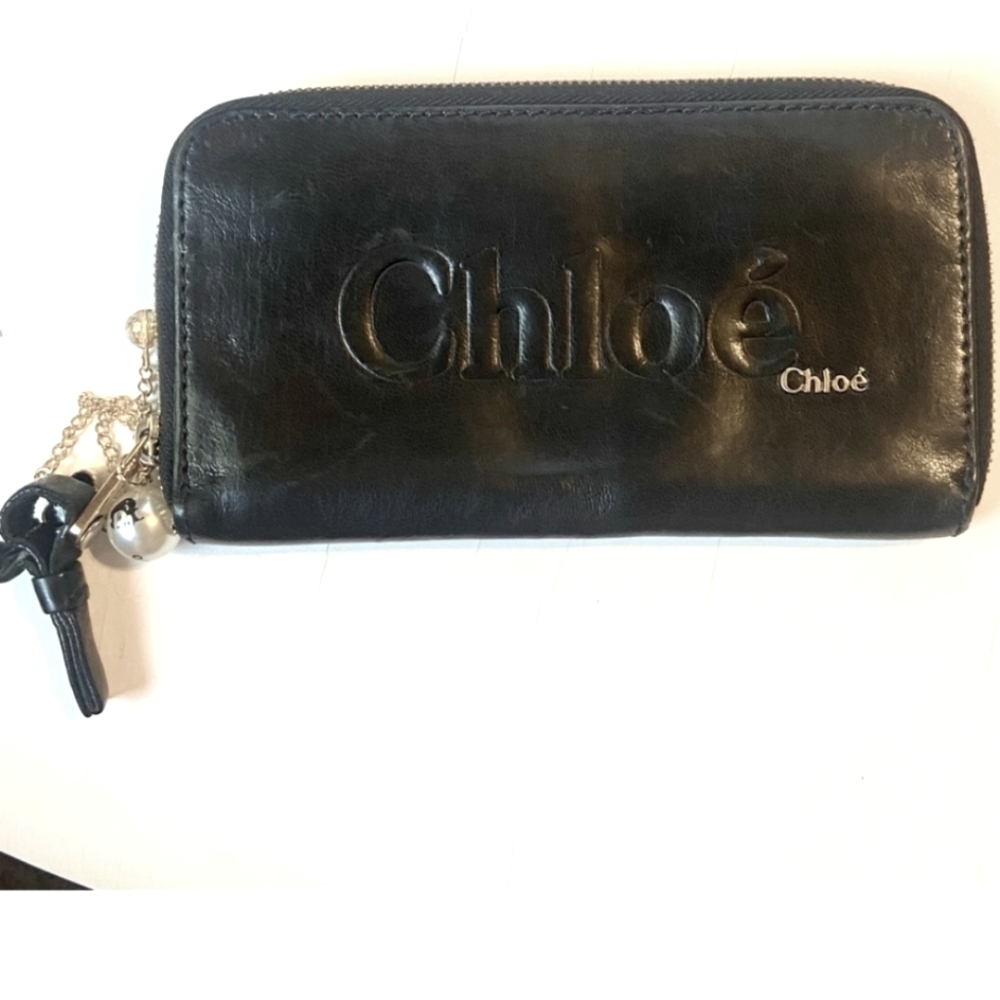 CHLOE black leather zip wallet with charm!
